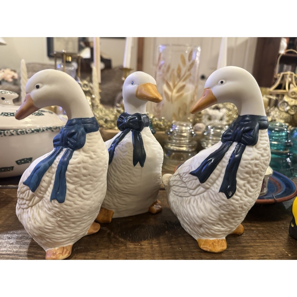 Ceramic Goose Figurines Set of 3 with Blue Bows Collectible Decor